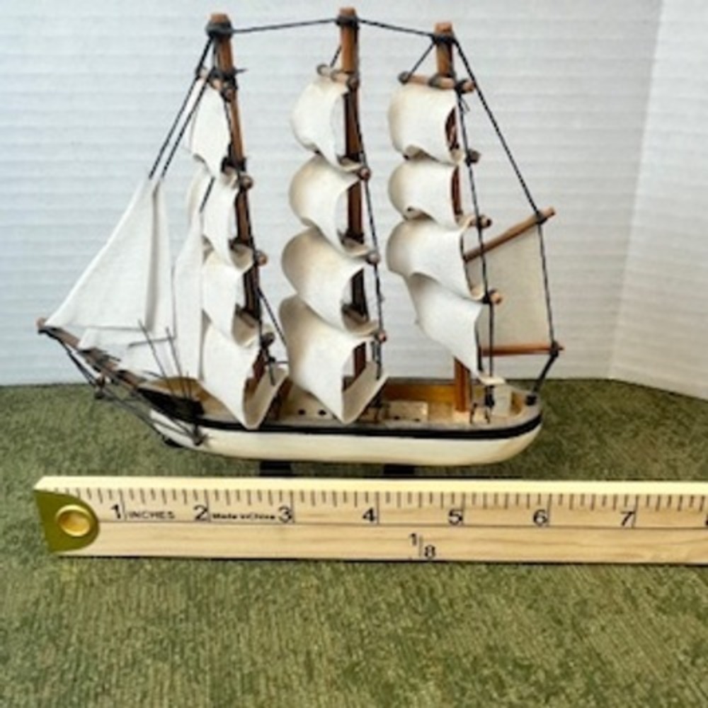 Vintage Wooden Tall Ship Model Nautical Decor White Sails 3-Mast Schooner - Picture 7 of 8